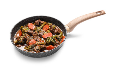 Tasty beef stroganoff with vegetables on white background