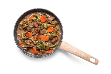 Tasty beef stroganoff with vegetables on white background