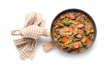 Tasty beef stroganoff with vegetables on white background