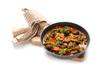 Tasty beef stroganoff with vegetables on white background