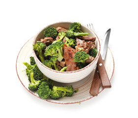 Plate with tasty beef and broccoli on white background