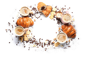 Obraz na płótnie Canvas Cups of tasty coffee and croissants on white background
