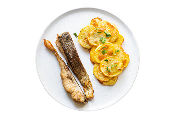 baked fish and potato fried slice garnish seafood omega diet meal snack copy space food background rustic top view