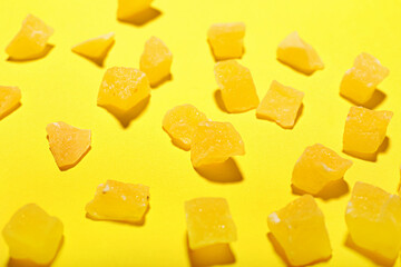 Tasty jelly candies on color background