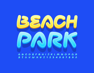Vector bright emblem Beach Park. Blue Artistic Font. Creative Alphabet Letters and Numbers set