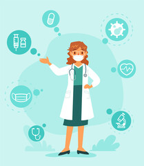 female doctor wearing face mask give medical advice with medical icons