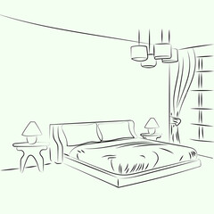 Hotel Room King Size Bed with line art or outline sketch style. Stroke design vector illustration.