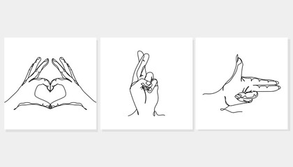 Continuous one line of set of hands gesticular in silhouette. Minimal style. Perfect for cards, party invitations, posters, stickers, clothing.