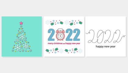 Continuous one line of set of Merry Christmas and happy new year 2022 in silhouette and set vector illustrations. Minimal style. Perfect for cards, party invitations, posters, stickers, clothing.
