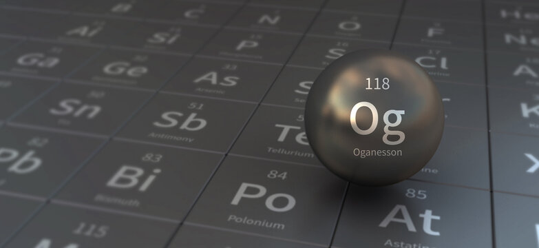 oganesson element in spherical form. 3d illustration on the periodic table of the elements.