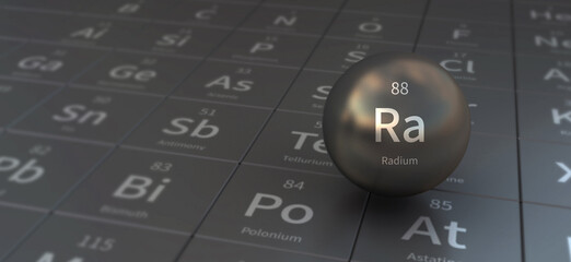 radium element in spherical form. 3d illustration on the periodic table of the elements.
