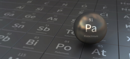 protactinium element in spherical form. 3d illustration on the periodic table of the elements.