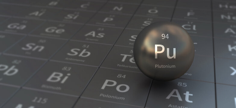 plutonium element in spherical form. 3d illustration on the periodic table of the elements.