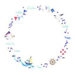 音符とマリンアイテムの夏のリース　手描き色鉛筆画