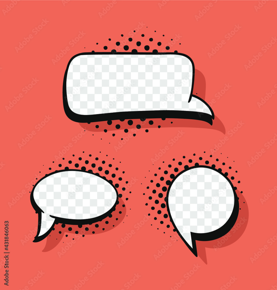 Poster pop art speech bubble without text and transparent background. cartoon style vector collection of fr