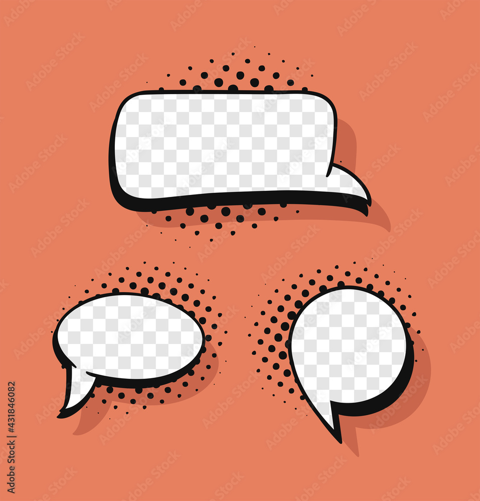 Poster pop art speech bubble without text and transparent background. cartoon style vector collection of fr