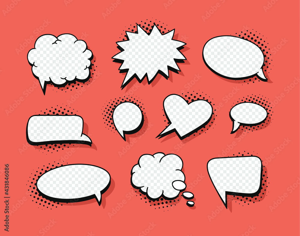 Poster pop art speech bubble without text and transparent background. cartoon style vector collection of fr