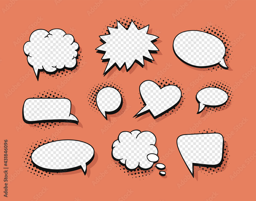 Poster pop art speech bubble without text and transparent background. cartoon style vector collection of fr