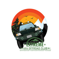 Off-road car or expedition offroader with mountain and forest nature background for round or circle label badge. Vector illustration. © zeynurbabayev