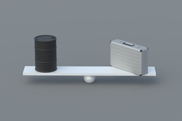 Suitcase and barrel on scales. Fair investment conditions. Balanced rules for extraction of oil for investors. Measurement of compensations for violation of fuel supply contract. 3d render