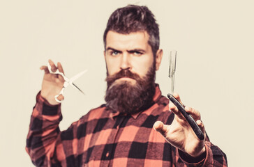 Beard man, bearded male. Portrait beard man. Barber scissors and straight razor, barber shop. Vintage barbershop, shaving. Mens haircut. Barber scissors and straight razor, barber shop