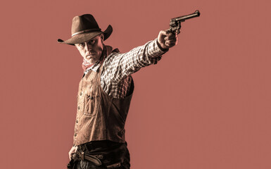Cowboy with weapon on red background. American bandit in mask, western man with hat. West, guns....