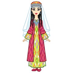 Asian beauty. Animation portrait of a beautiful girl in ancient national clothes and jewelry. Central Asia. Full growth. Vector illustration isolated. White background. 