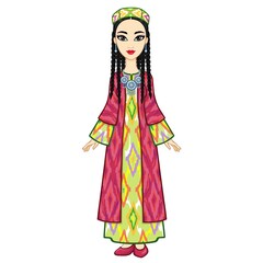 Obraz na płótnie Canvas Asian beauty. Animation portrait of a beautiful girl in ancient national clothes and jewelry. Central Asia. Full growth. Vector illustration isolated. White background. 