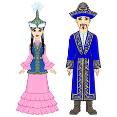 Animation  portrait of  Asian family in a national hat and clothes. Full growth. Central Asia. Vector illustration isolated on a white background.