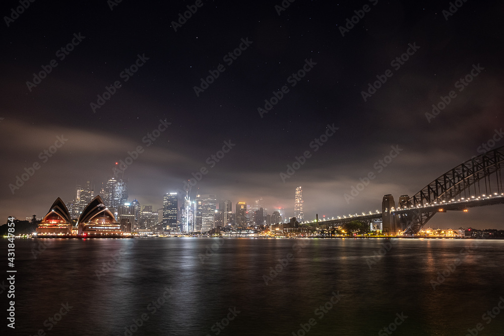 Wall mural smoke haze and fog before dawn on Sydney Harbour