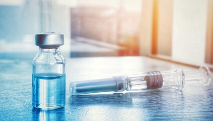 Vaccine vial dose flu shot drug needle syringe,medical concept vaccination hypodermic injection treatment disease care hospital prevention immunization illness disease  baby child.blue background 