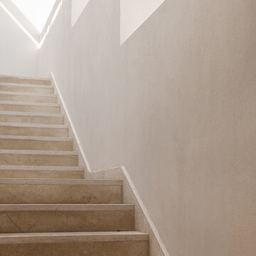 Minimal Aesthetic Architecture Concept. Beige Wall And Stairs. Neutral Minimal Background