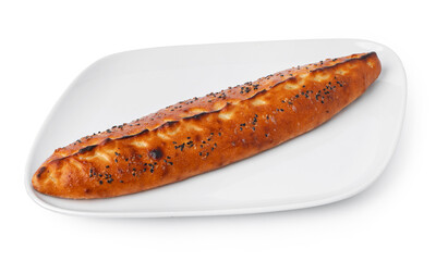 Turkish boat-shaped flatbread pide isolated on white