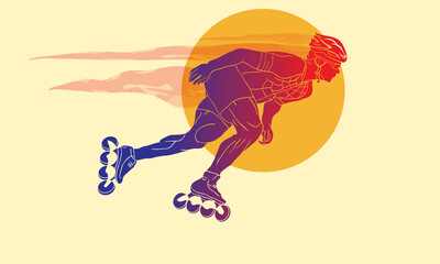 An athlete in a helmet runs on roller skates