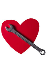 Red heart with metal wrench on white.