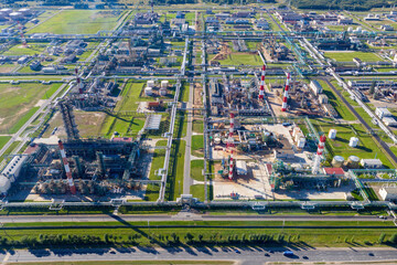 Aerial view of oil refinery on sunny summer day. Yaroslavl Oblast, Russia.