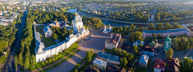 Panoramic aerial view of Vologda town and Kremlin on sunny summer day. Russia.