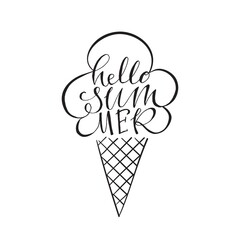 Hello summer. Hand lettering vector composition isolated on white background. Ice cream idea illustration.