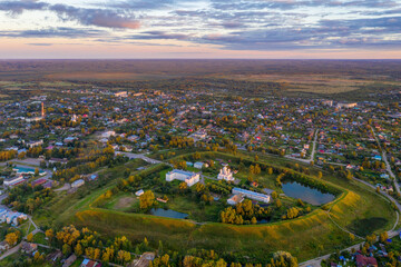 Sunset aerial view of Belozersk Kremlin. Belozersk, Vologda Oblast, Russia.