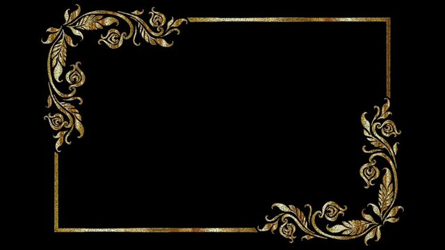 Golden frame on black background,mirrors or photo on black background,golden frame with copy space,title, text, photo background,glowing golden border