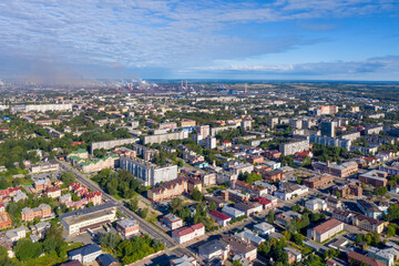 Aerial view of Cherepovets town on sunny summer day. Vologda Oblast, Russia.