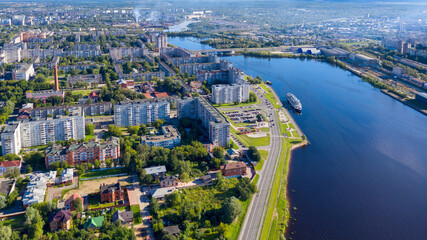 Fototapeta na wymiar Aerial view of Cherepovets town and Yagorba river on sunny summer day. Vologda Oblast, Russia.