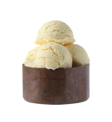 Vanilla ice cream in copper pot on white background