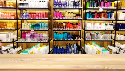 Mock up template, wooden table top, desk top counter in foreground for your product or text. Defocused blurred image of shelves with cosmetics, shampoos and creams in a cosmetics store.