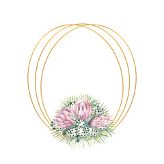 Oval gold frame with protea flowers, tropical leaves, palm leaves, bouvardia flowers. Wedding bouquet in a frame for the design of a stylish invitation. Watercolour illustration