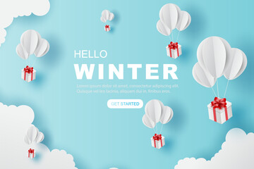 Balloons gift fly on air blue sky. Hello winter concept. paper art of balloon white floating and Gift Box on in the air blue sky for Merry Christmas and Festival poster. design paper craft and cut