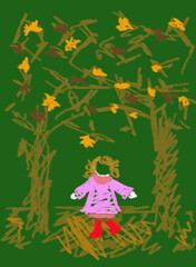 Niña paseando por un bosque en otoño