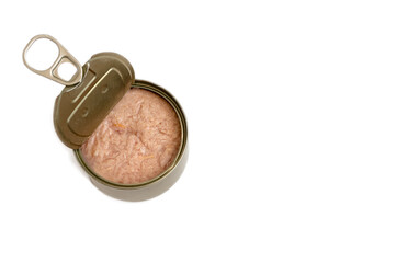 open canned food with pet food on a white background