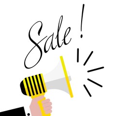 Sale icon in color. Sale message from megaphone promo or ad concept. Flat style isolated symbol on white for: illustration, minimal, logo, mobile, app, emblem, design, web, ui, ux, gui. Vector EPS 10