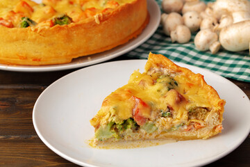 Fresh meat pie on served on wooden table